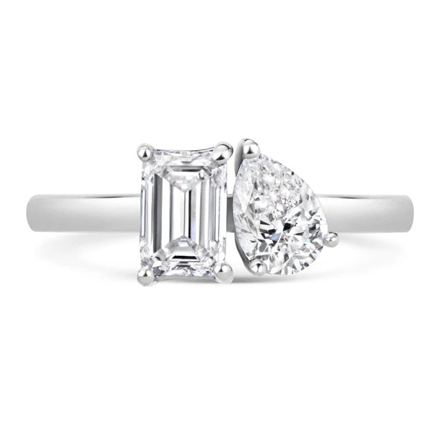 925 Silver Baguette and Pear Cut 5A Cubic Zirconia Ring with 0.01 Micron Rhodium Plating - Elegant Two-Stone Design