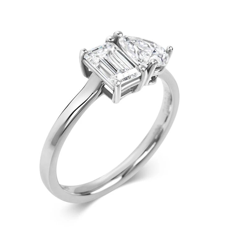 925 Silver Baguette and Pear Cut 5A Cubic Zirconia Ring with 0.01 Micron Rhodium Plating - Elegant Two-Stone Design tilted